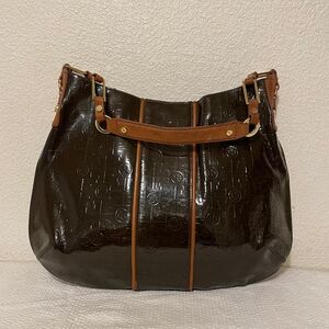 Tory Burch Monogram Embossed Patent Leather Snap Hobo Bag